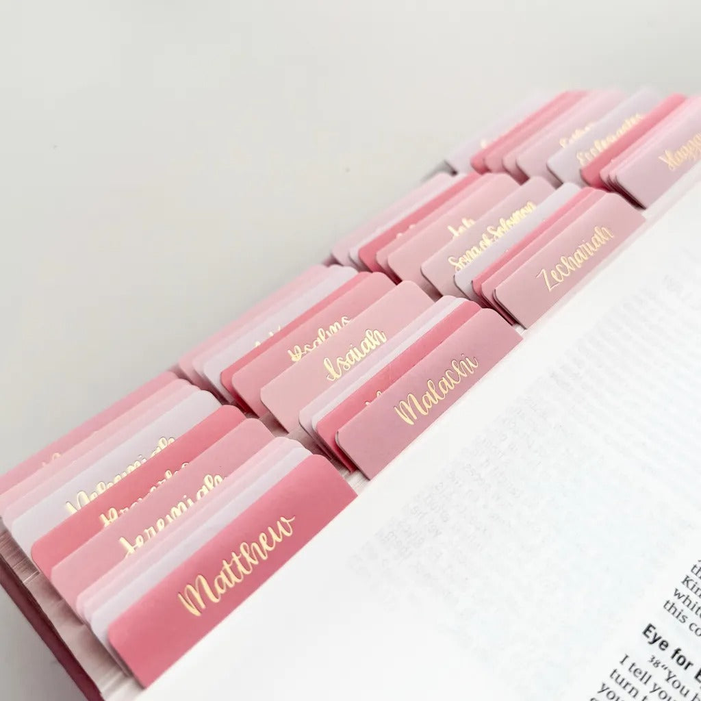 The Jesus Bible with pre-installed tabs, in pink.